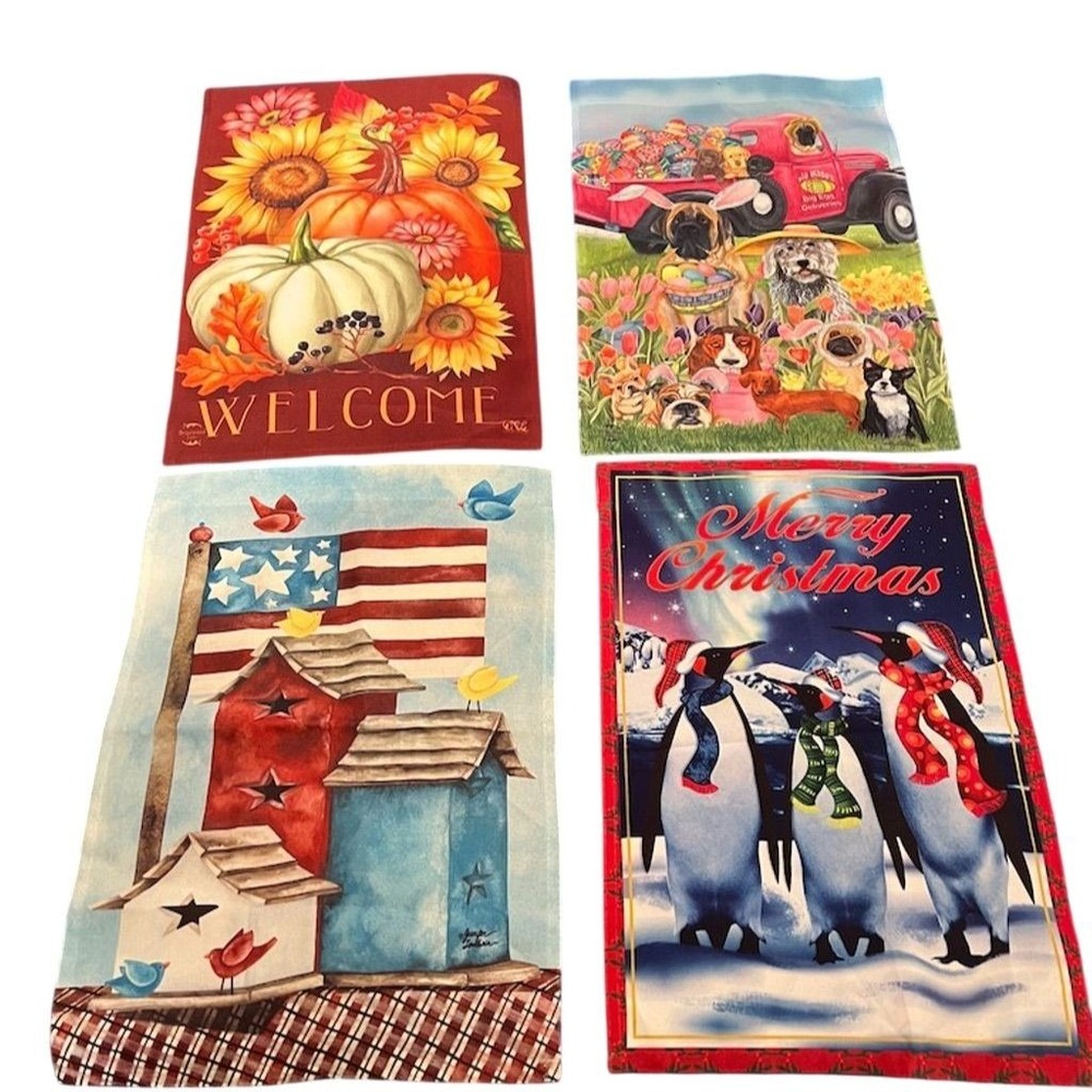 Set of 4 Seasonal Double-Sided Garden Flags - Welcome, Easter, Xmas